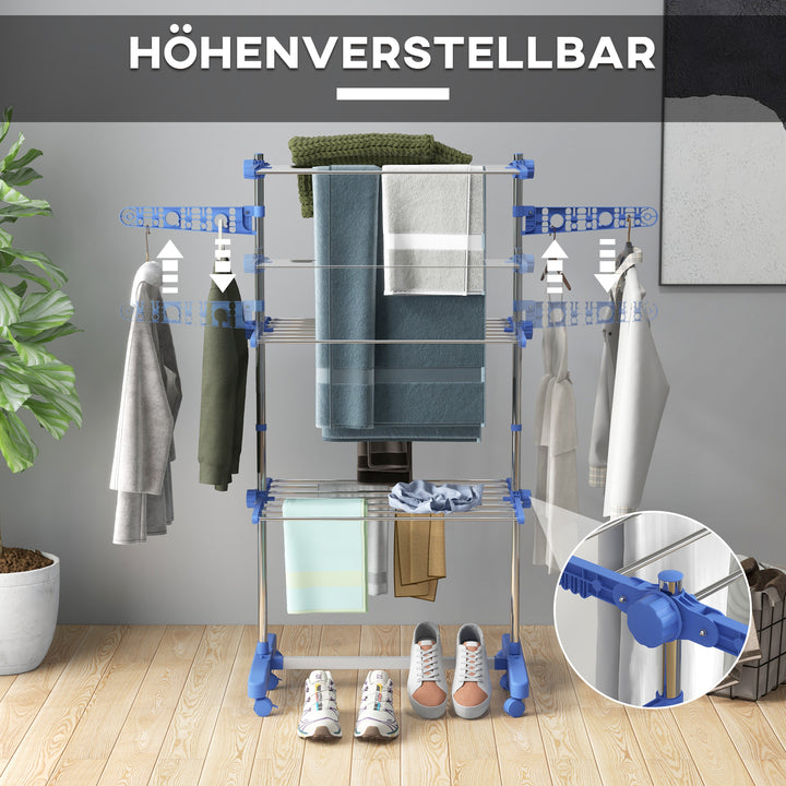 Tørrestativ. 4 niveauer, foldbar, et-klik-system, 142 cm x 55 cm x 152 cm, blå + sølv