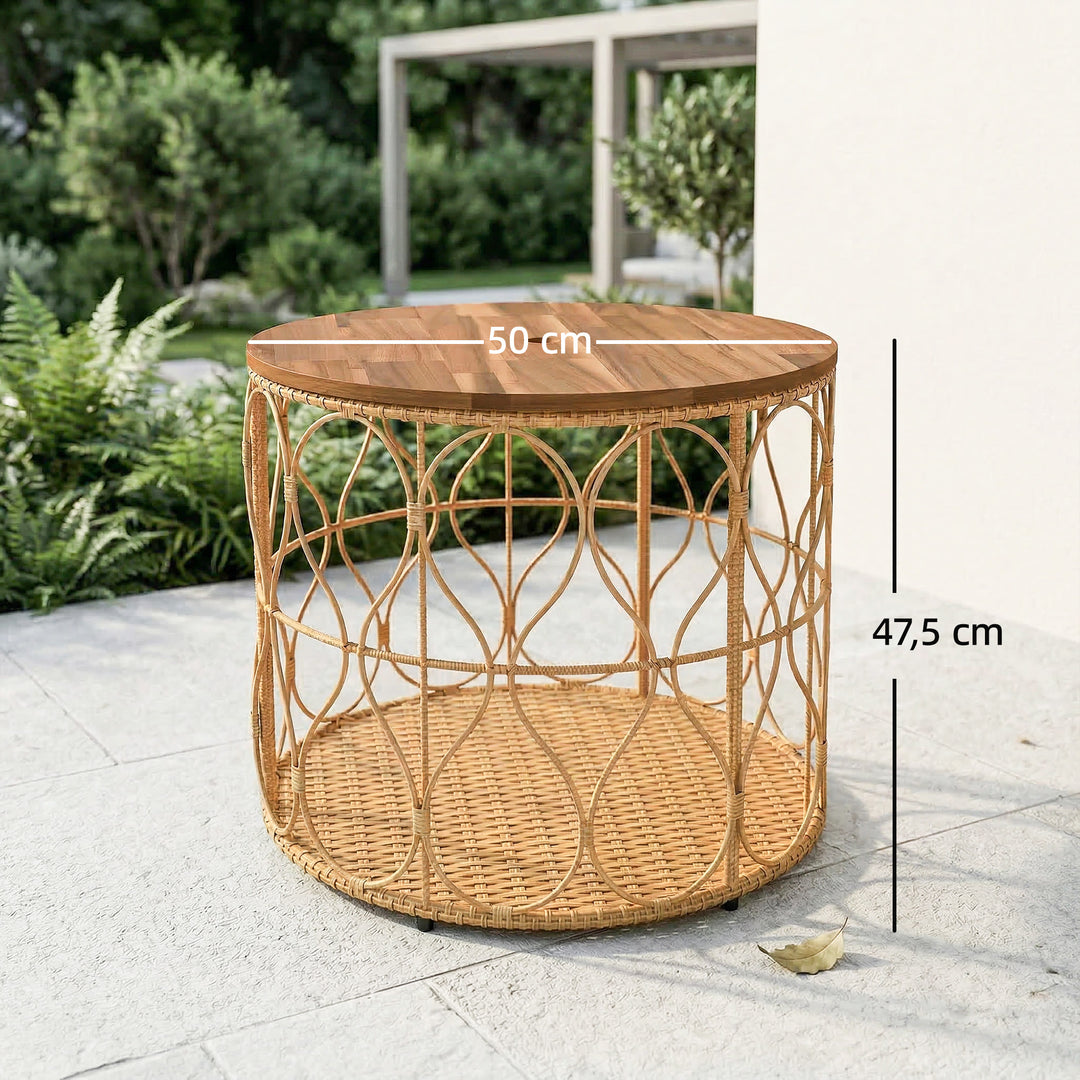 Sidebord Ø50 cm, vejrbestandigt havebord med rattan-look, bordplade i akacietræ, justerbare fødder, teak
