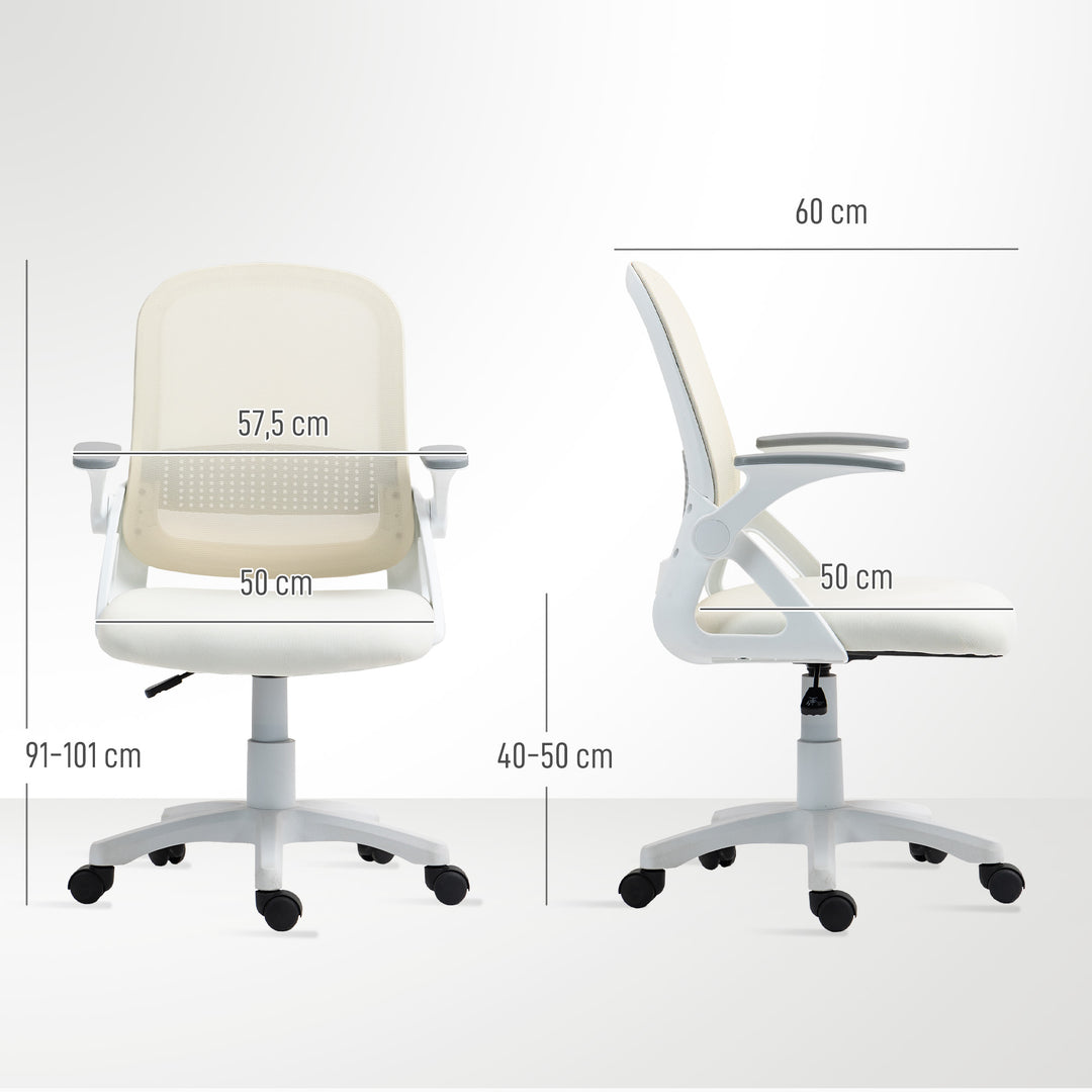 Åndbar netkontorstol, ergonomisk drejestol med foldbare armlæn og lændestøtte, hvid