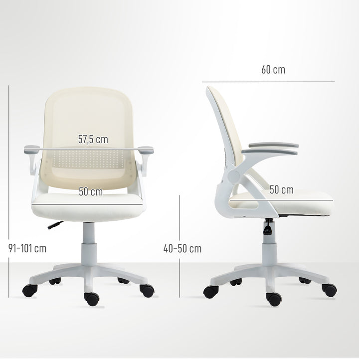 Åndbar netkontorstol, ergonomisk drejestol med foldbare armlæn og lændestøtte, hvid