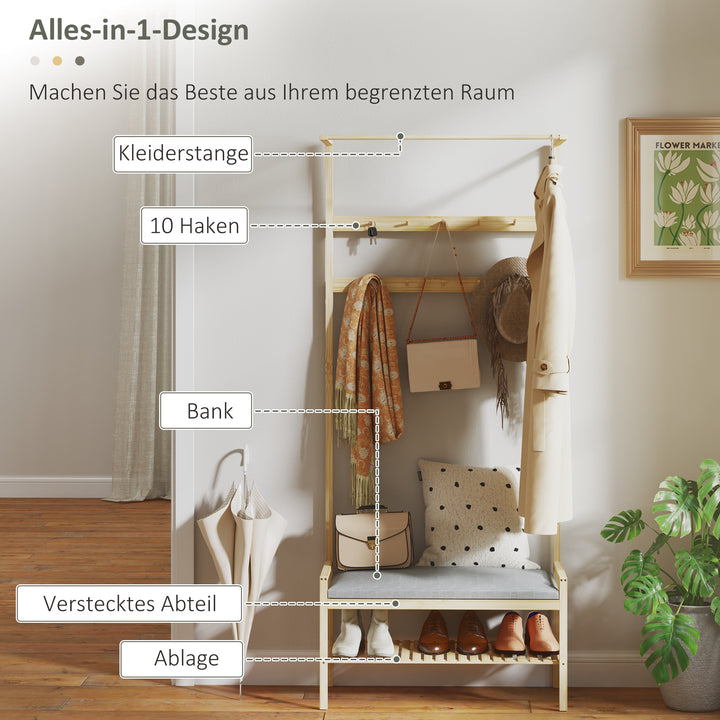 Garderobe med skobænk, bøjlestang, 10 knagerækker, bambus