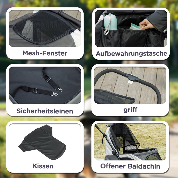 Hundeklapvogn, sammenklappelig hundeklapvogn til store hunde, kæledyrsklapvogn med 4 hjul, sikkerhedsline, bremser, mørkegrå