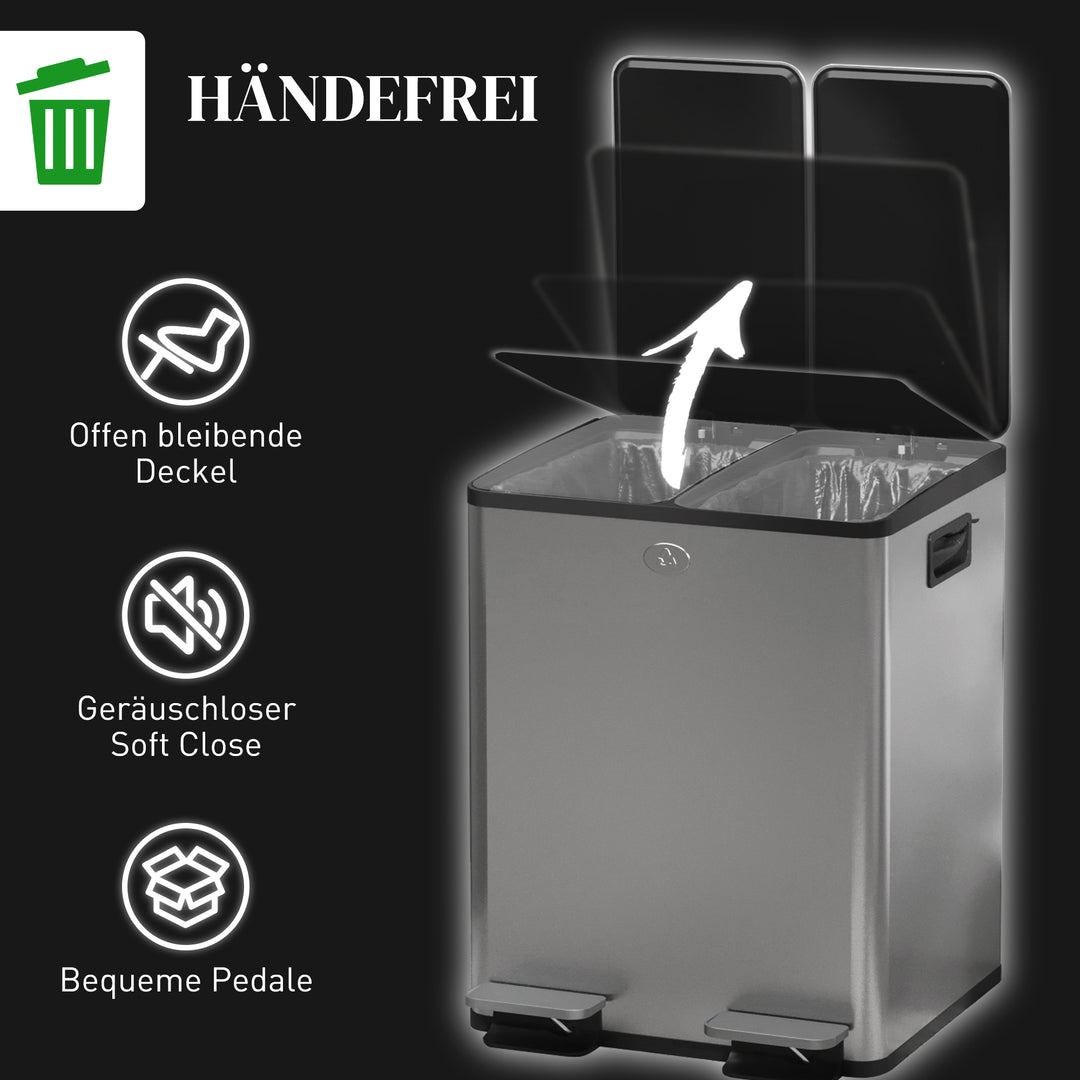 2 x 20 L dobbelte affaldsbeholdere, pedalåbning, nem at rengøre, rustfrit stål, plastik, sølv