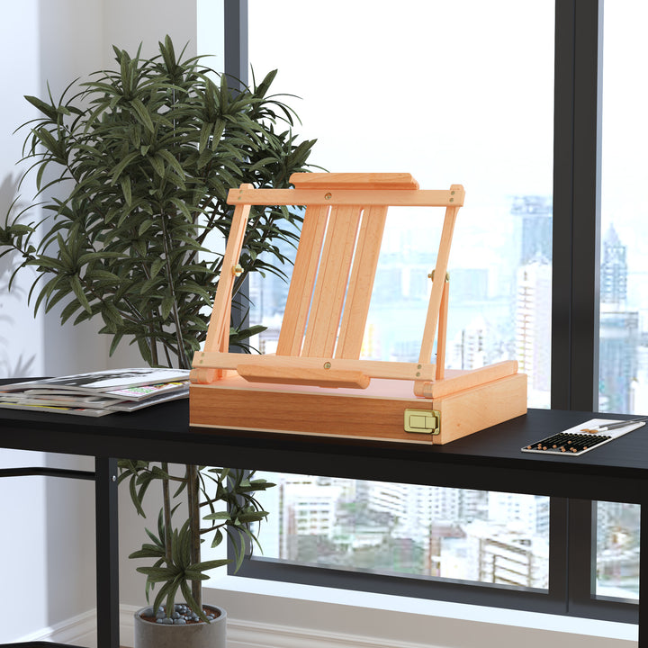 Staffeli, båreramme, kuffertstaffeli, studiestaffeli, vinkeljusterbart, foldbart med skuffe, naturligt bøgetræ, 42 x 36 x 12,5 cm