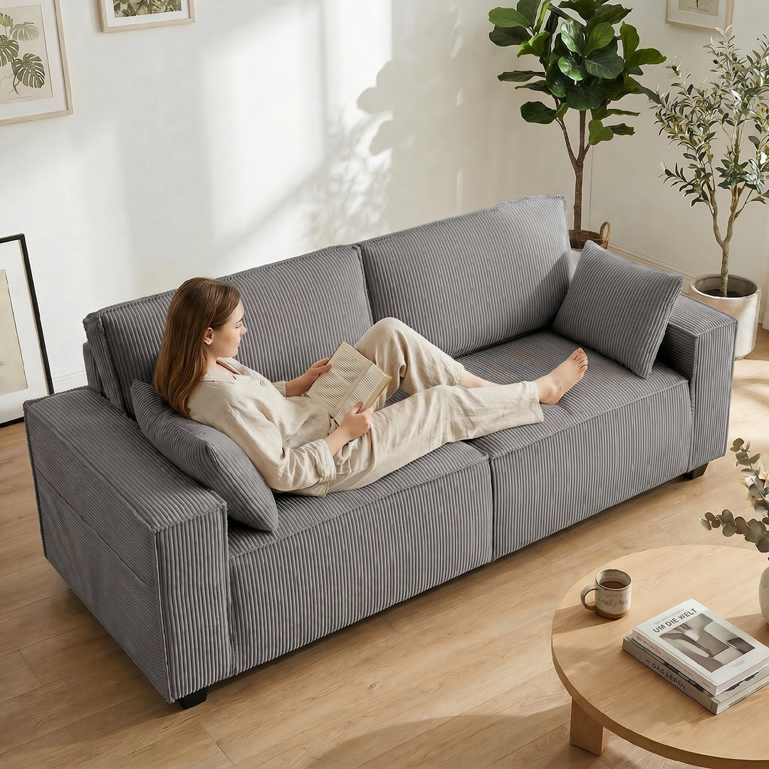 218 cm 3-personers sofa, moderne fløjlssofa med pocketfjederbetræk, brede armlæn og 2 hynder, lysegrå