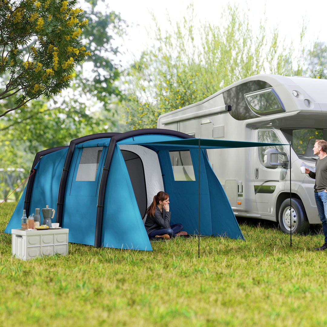 Oppusteligt campingtelt til 3-6 personer, udendørs tunneltelt med sidevinduer og dør, luftstøtte, 4,4 x 2,8 x 1,95 m, blå