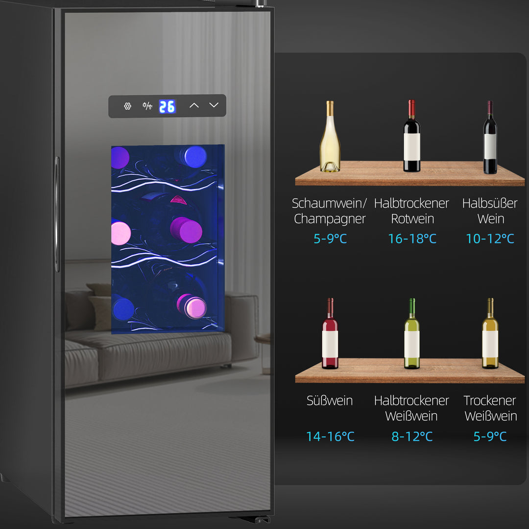 Vinkøler til 12 flasker med glasdør, drikkevarekøler med led-lys, touchskærm, sort