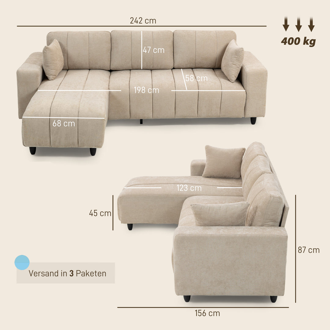 Hjørnesofa, vendbar chaiselong, hynder, 242 x 156 x 87 cm, beige