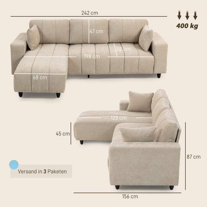 Hjørnesofa, vendbar chaiselong, hynder, 242 x 156 x 87 cm, beige