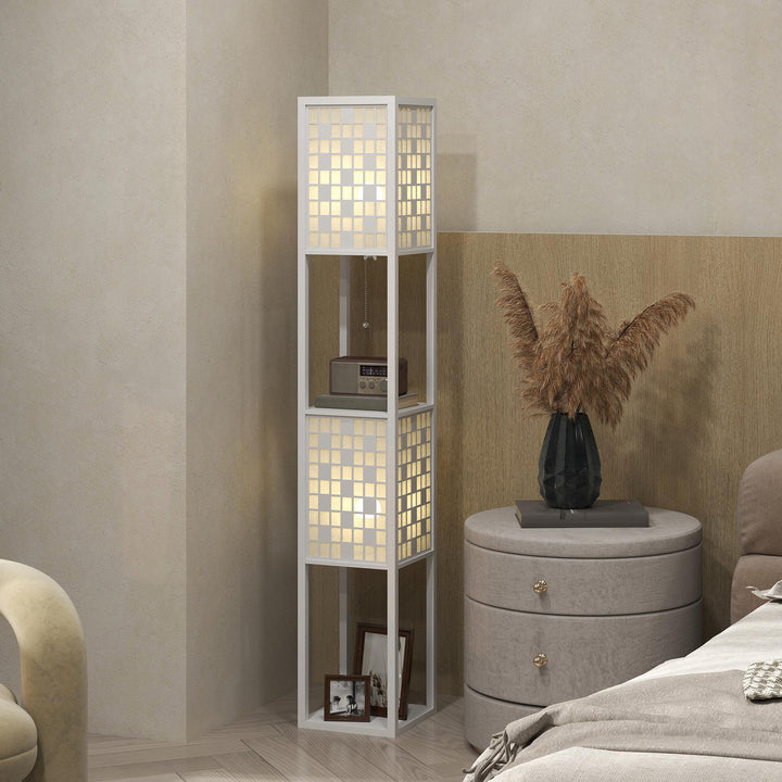 Gulvlampe, gittermønster, 2-lags hylder, til forskellige pærer, hvid