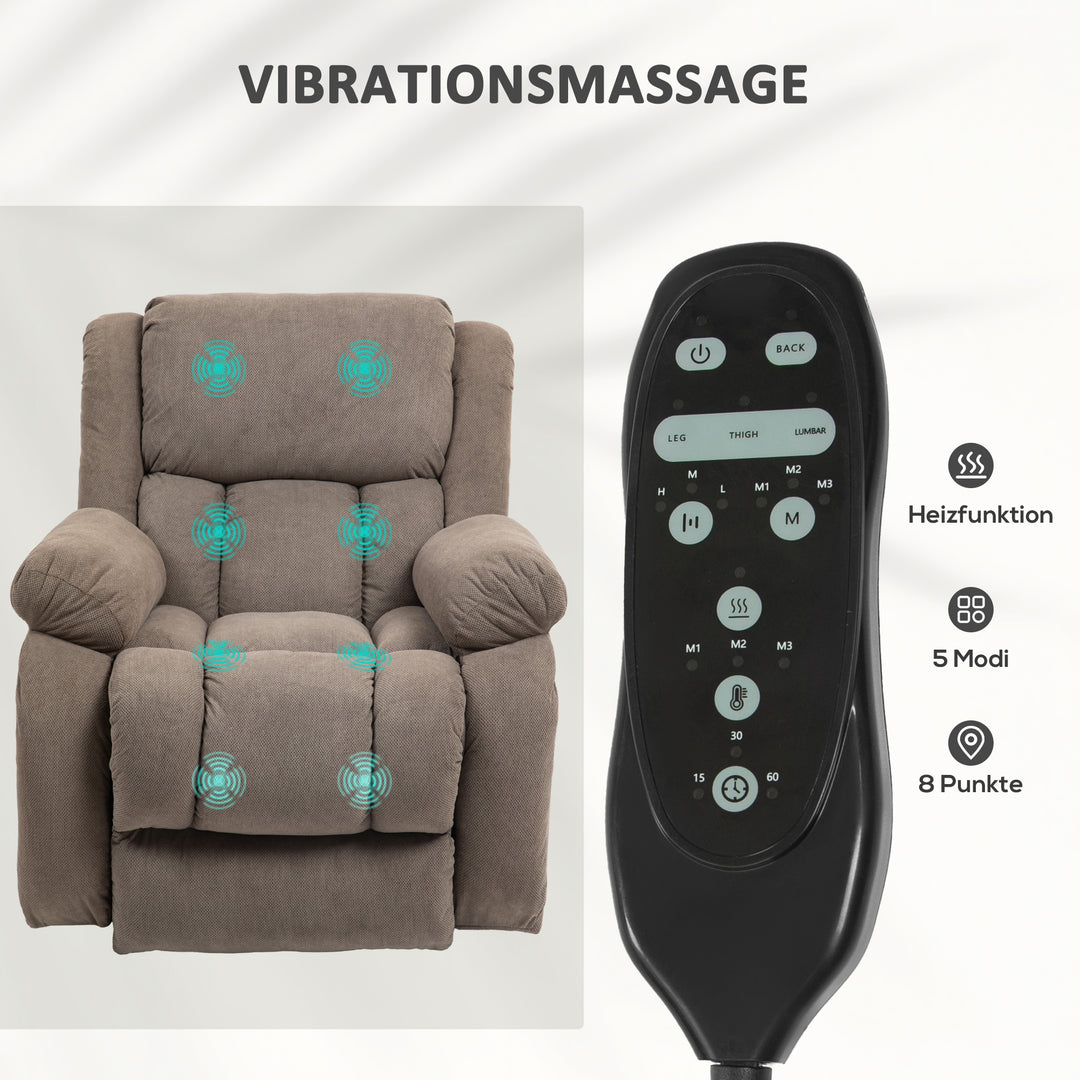 Lænestol med massage- og varmefunktion, elektrisk løftestol, fjernbetjening, sidelommer, lysebrun