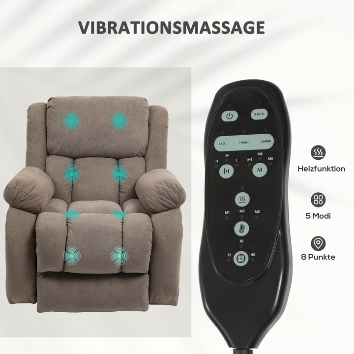 Lænestol med massage- og varmefunktion, elektrisk løftestol, fjernbetjening, sidelommer, lysebrun