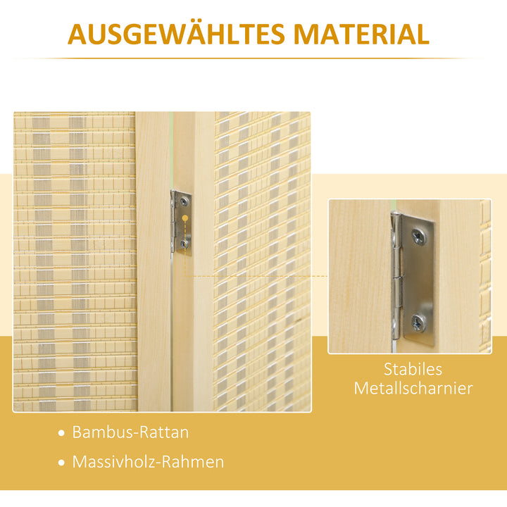 4-Panels rumdeler, 180 x 180 cm, foldbar skærm af bambus og bomuld til stue, soveværelse, natur