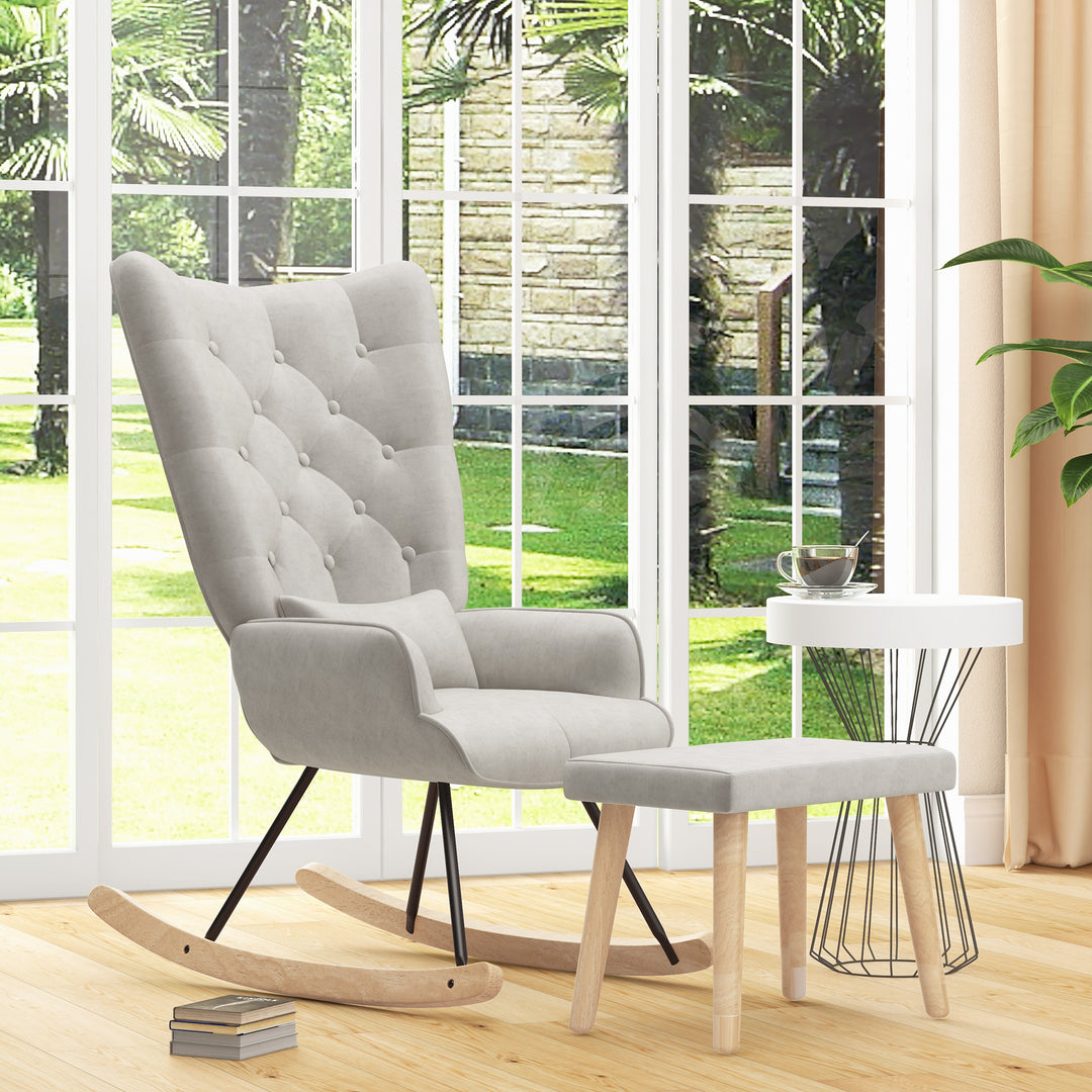 Gyngestol med skammel, polstret, høj ryg, fløjlslook, op til 150 kg, cremehvid