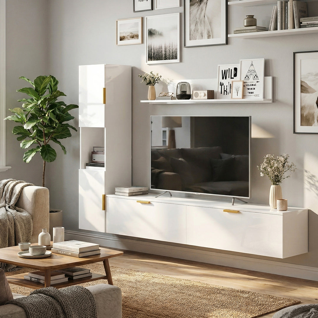 Svævende TV-bord med hængslede døre, underholdningscenter, væghylde, skab, 180 cm, hvid højglans