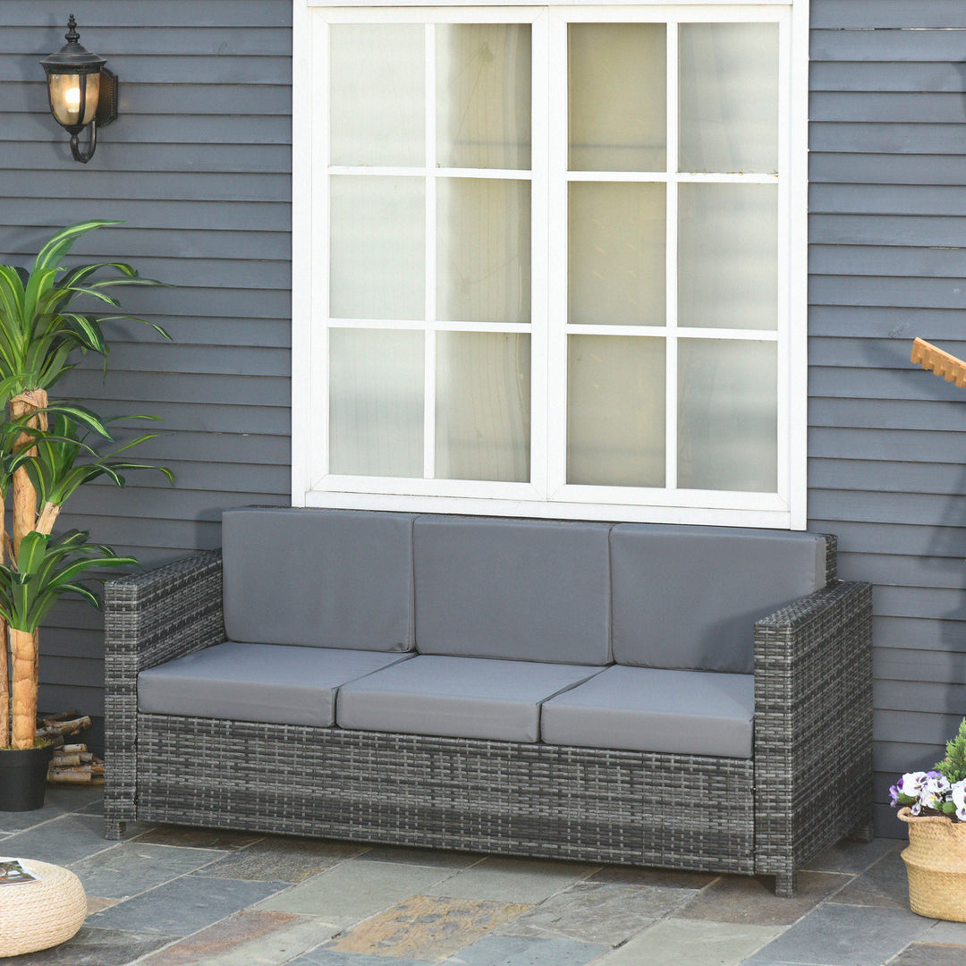Polyrattansofa med hynder, 3-personers haveloungesofa, metal, polyester, grå, 185 x 70 x 80 cm