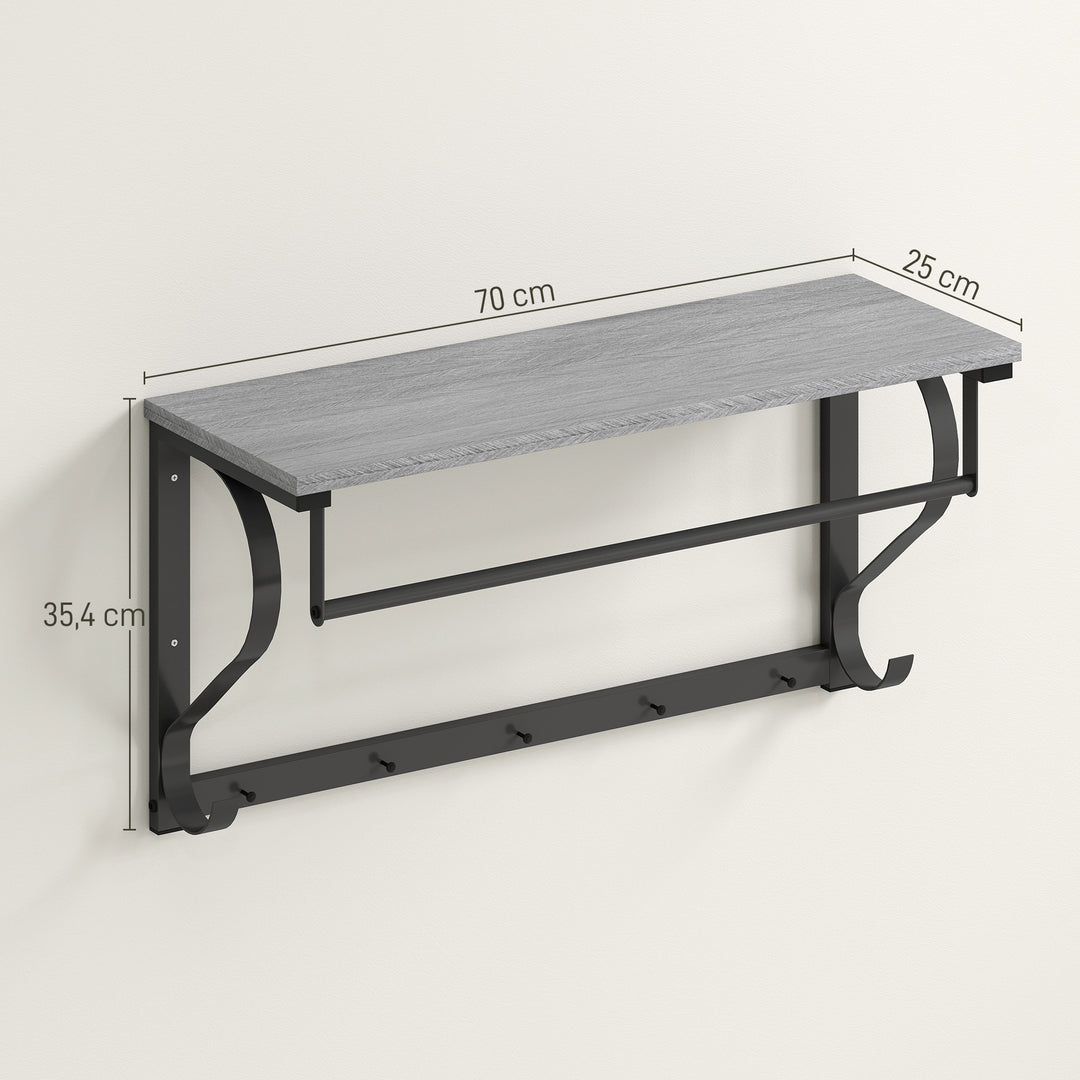 Vægmonteret tøjstativ, frakkekrog, 5 kroge, øverste rum, alsidig, grå