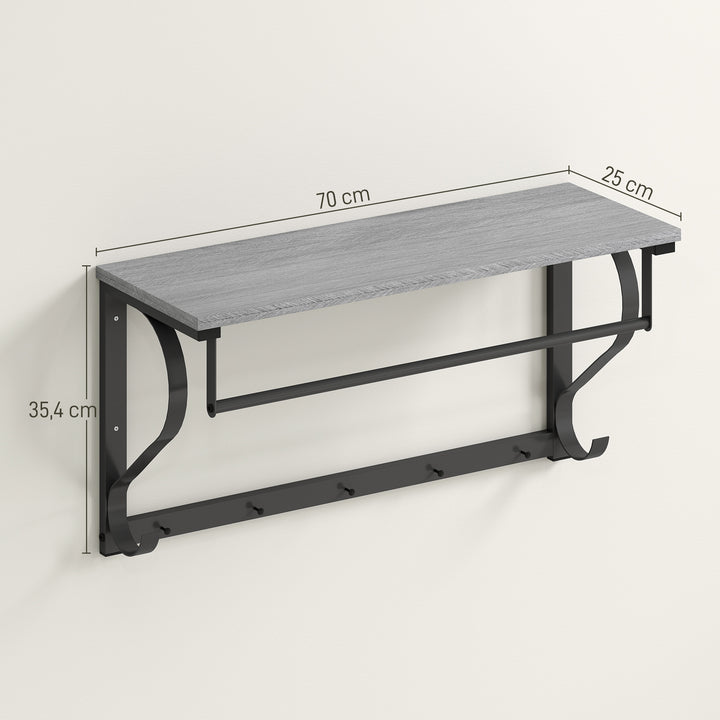 Vægmonteret tøjstativ, frakkekrog, 5 kroge, øverste rum, alsidig, grå