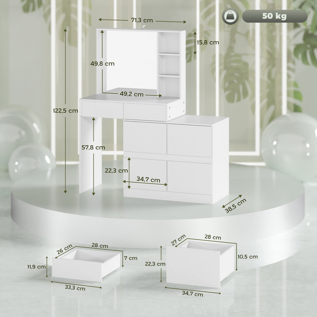 Sminkebord, makeupbord med stort spejl, 4 skuffer, 3 åbne rum, 2 skabe, mdf, hvid