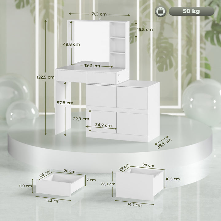 Sminkebord, makeupbord med stort spejl, 4 skuffer, 3 åbne rum, 2 skabe, mdf, hvid