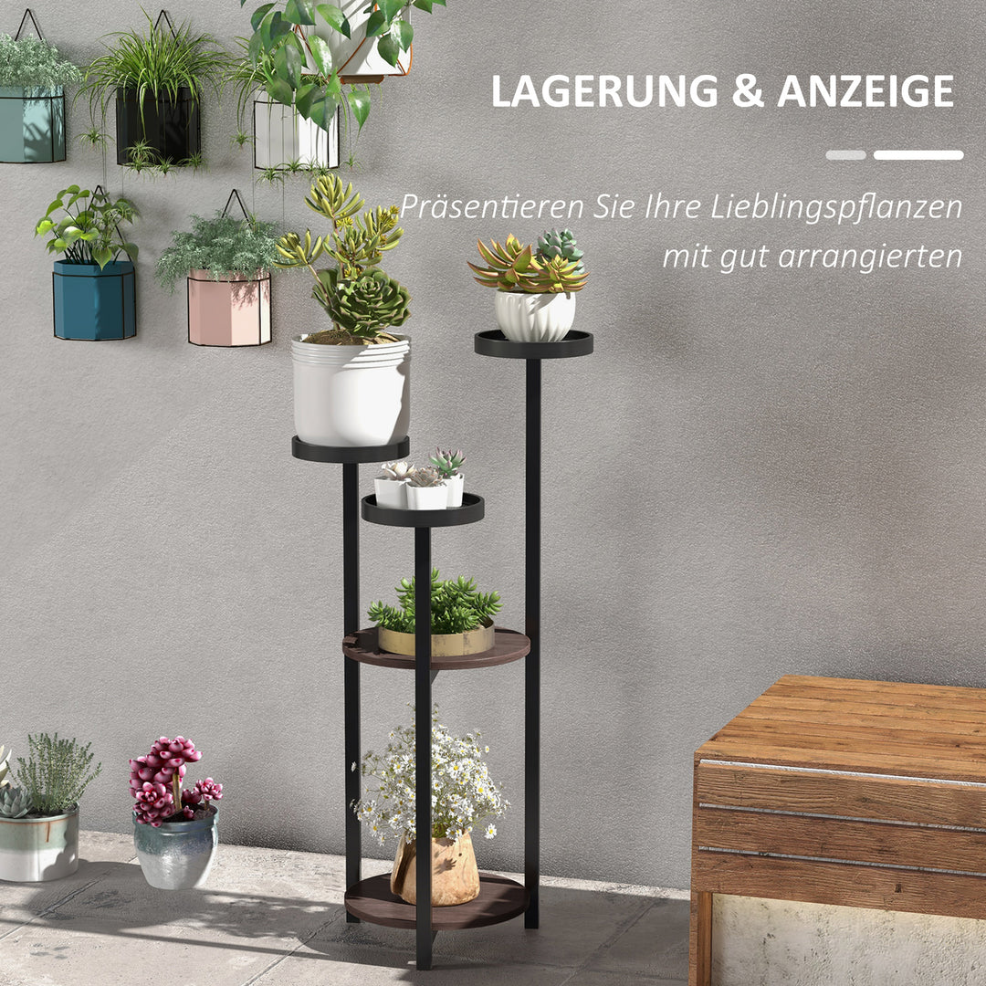 Blomsterstativ, 5 niveauer, til indendørs og udendørs brug, stål + fyrretræ, 28 x 28 x 87 cm, brun/sort