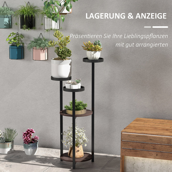Blomsterstativ, 5 niveauer, til indendørs og udendørs brug, stål + fyrretræ, 28 x 28 x 87 cm, brun/sort