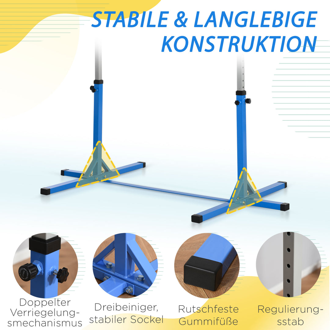 Gymnastikstang, 13 niveauer højdejusterbar, træ- og robust stålkonstruktion, lasteevne op til 75 kg, til 3+ børn, indendørs/udendørs, blå