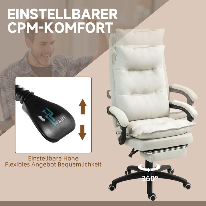 Massagekontorstol, skrivebordsstol med massagefunktion, højdejusterbar, ergonomisk drejestol, nylon, cremehvid