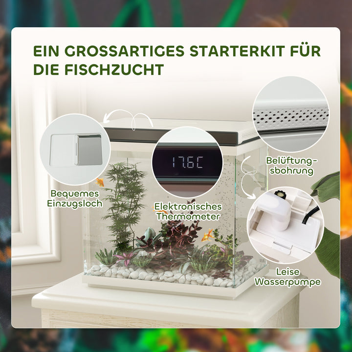 26-Liters akvarium med filter, led-belysning, vandpumpe, til forskellige fiskearter, ca. 38 x 26 x 38 cm