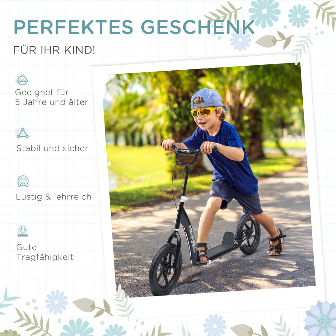 Børneløbehjul med bagbremse, løbehjul 12 tommer, stål, 120 x 52 x 80-88 cm