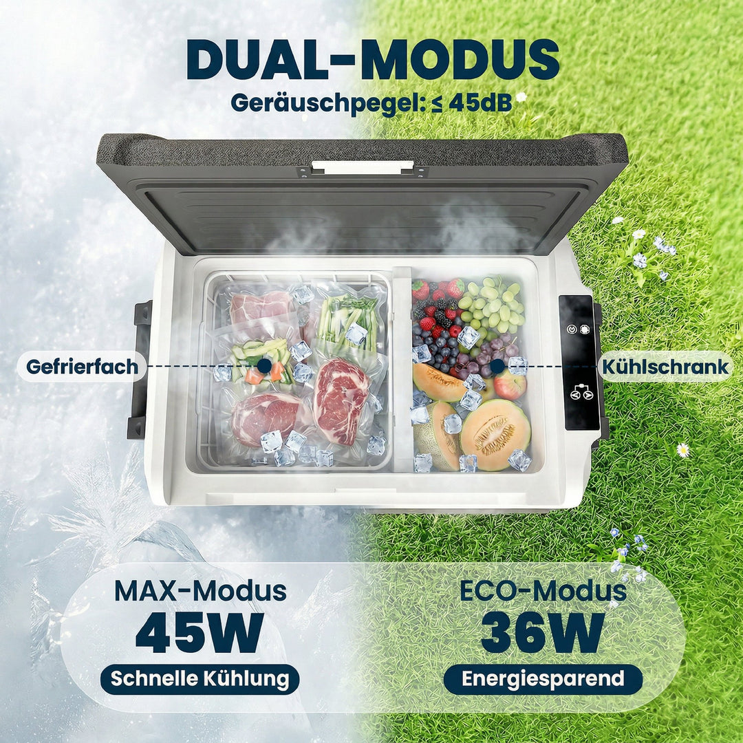 Kompressorkøler 50L -20℃-20℃ elektrisk køletaske med dobbeltzone temperaturkontrol APP LED batteribeskyttelse foldehåndtag