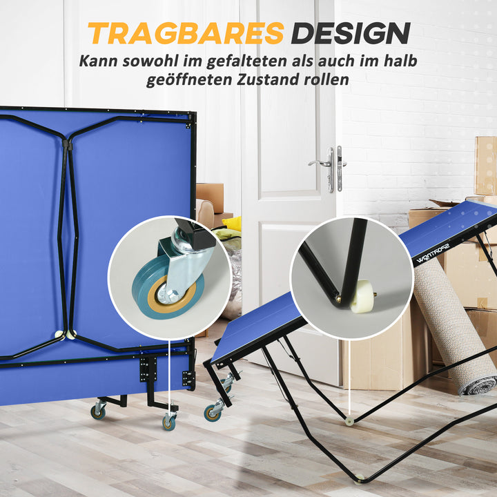 Bordtennisbord, foldbart, 8 hjul, pulverlakeret stålramme, mdf, 274 x 152,5 x 76 cm, blå