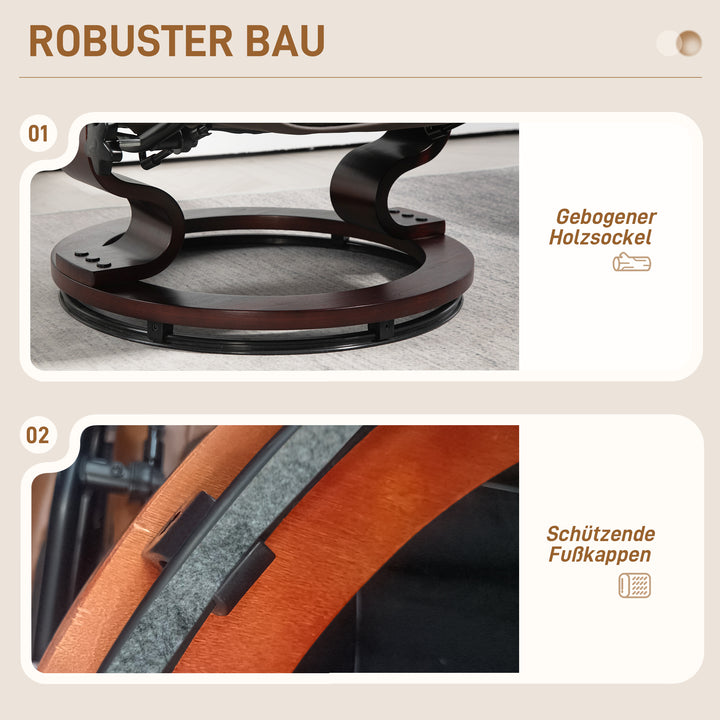 Lænestol med fodskammel, drejelig og vipbar, betræk i kunstlæder, op til 150 kg, træstel, brun