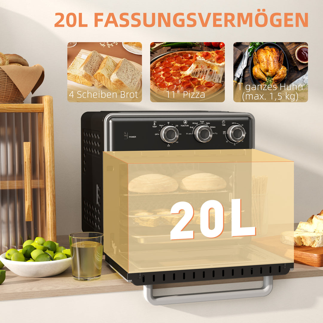 Miniovn, 20l, 5 funktioner, 360° konvektion, grillrist, krummebakke, sort