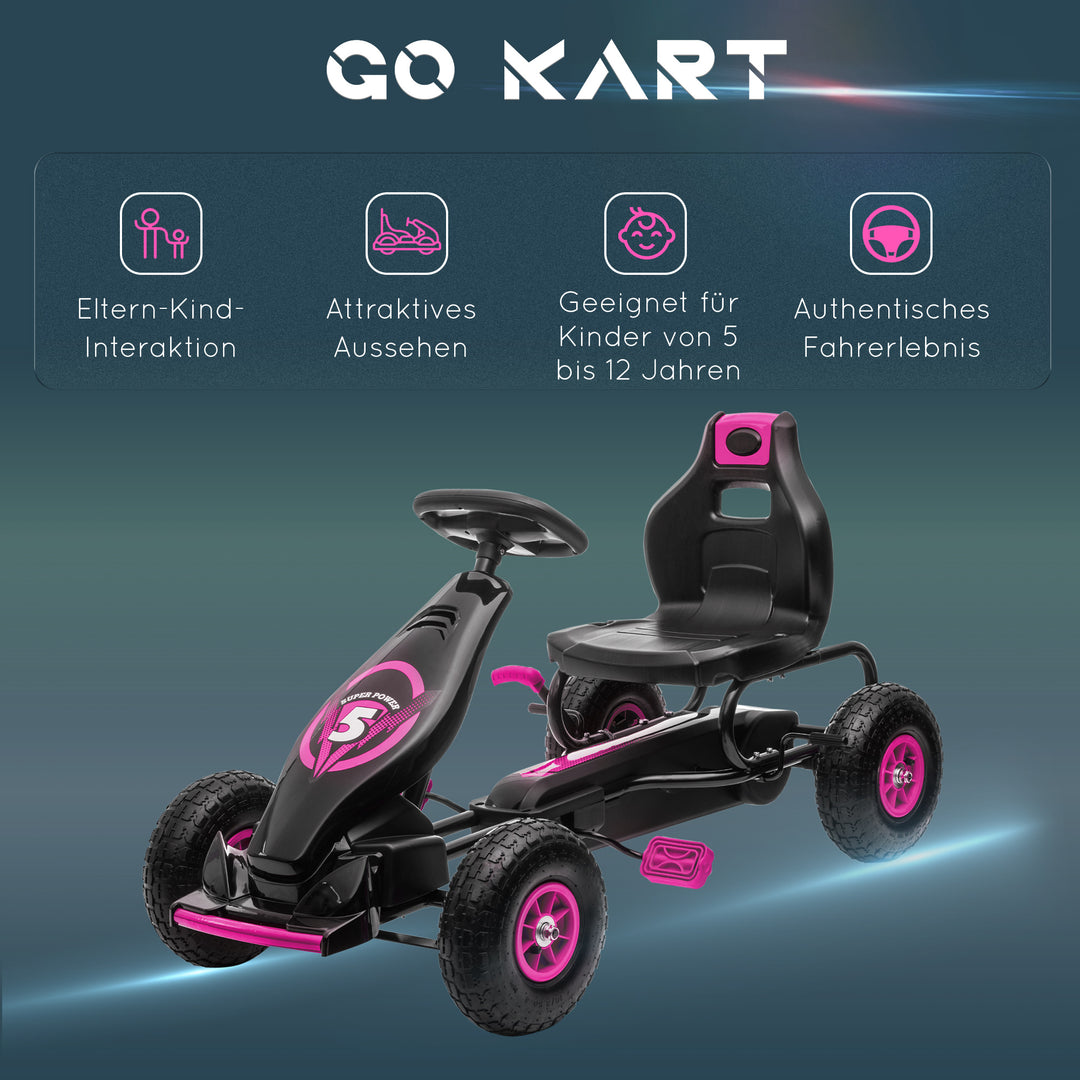 Børne-gokart, med pedaler, justerbart sæde, indendørs og udendørs brug, fra 5 år, pink+sort, 121 x 58 x 61 cm