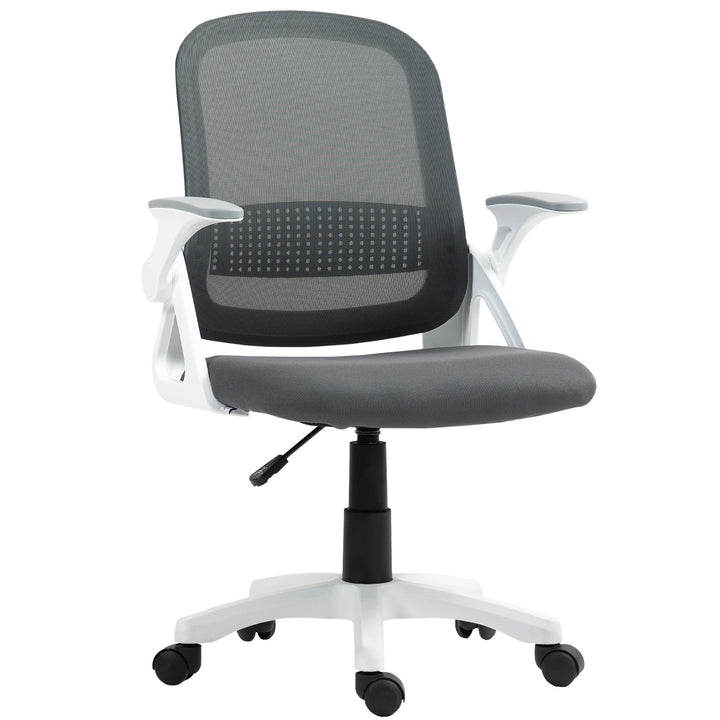 Åndbar netkontorstol, ergonomisk drejestol med foldbare armlæn og lændestøtte, grå