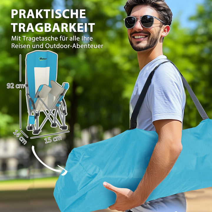 Sæt med 2 foldbare campingstole med kopholder og ryglæn i net, blå