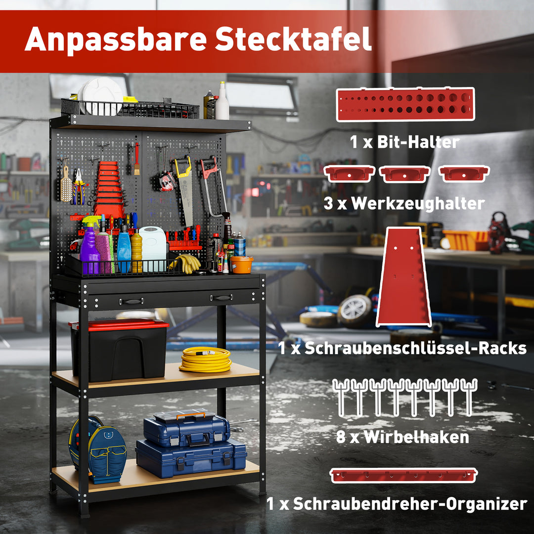 Arbejdsbænk 80 x 40,5 x 155 cm, værktøjsbænk med stiftbræt, kroge, skuffe, 2 hylder til værksted, sort
