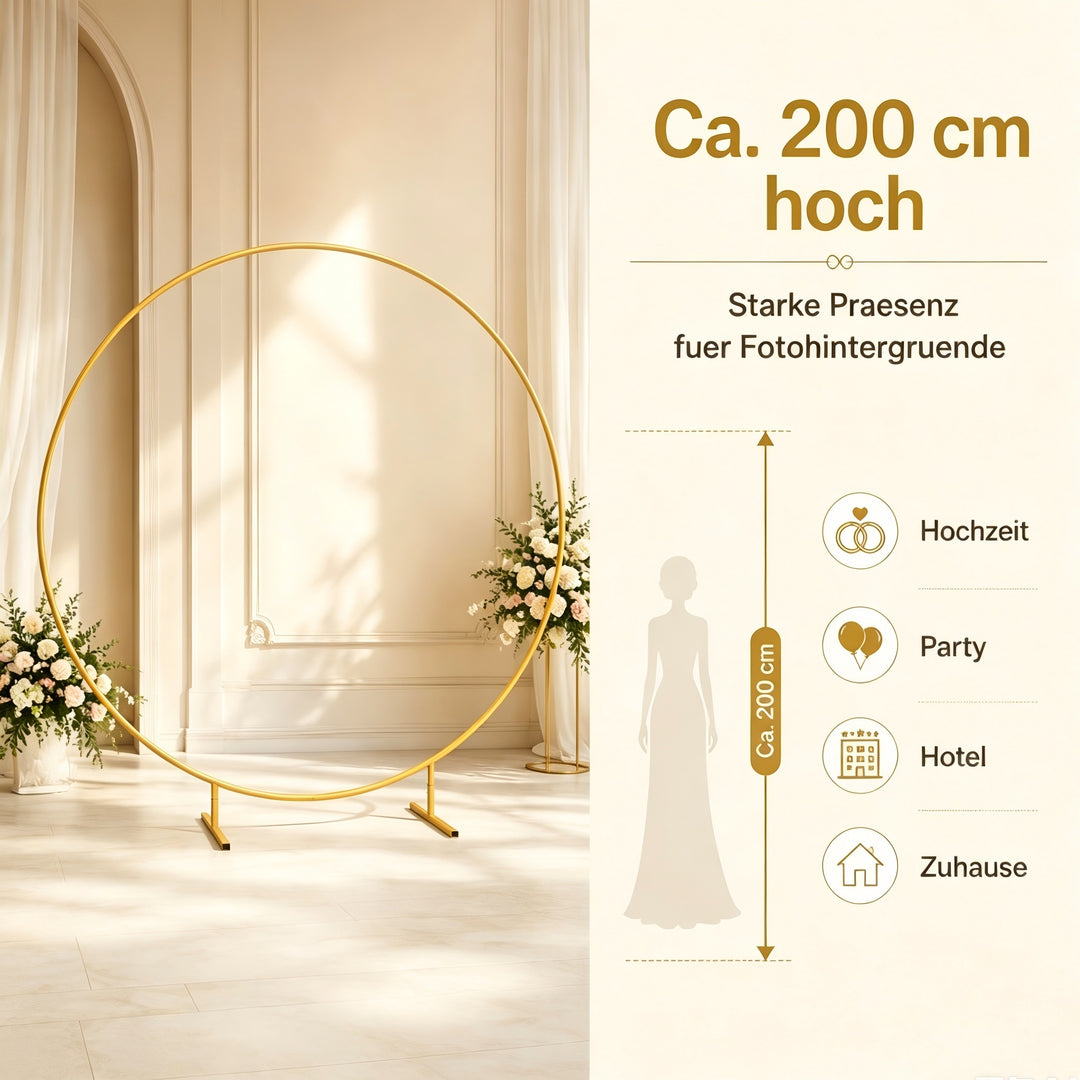 2m rund ballonbue med blomstermønster, guldfod, ramme, bryllup, ny