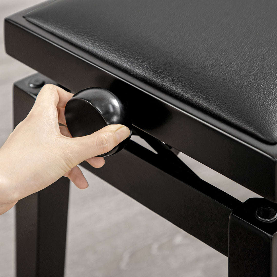 Klaverbænk, højdejusterbar klaverstol, elegant højglans, kunstlæder + gummitræ, sort, 63 x 33 x 56 cm