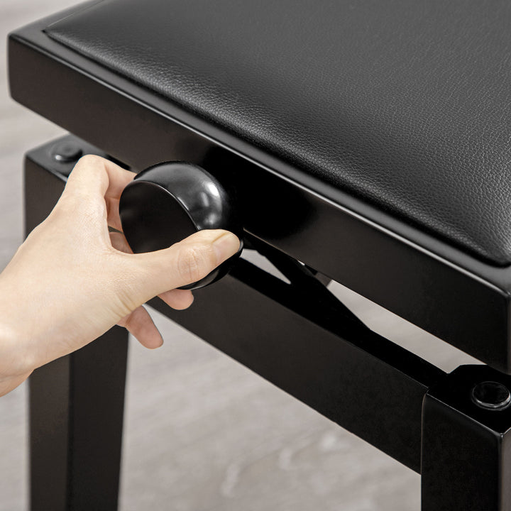 Klaverbænk, højdejusterbar klaverstol, elegant højglans, kunstlæder + gummitræ, sort, 63 x 33 x 56 cm