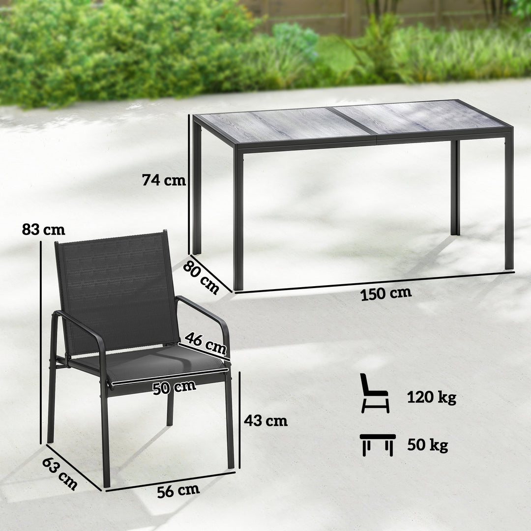 Havemøbelsæt, siddegruppe 150 x 80 cm, bord med 6 åndbare stole, trælook, stålstel, sort