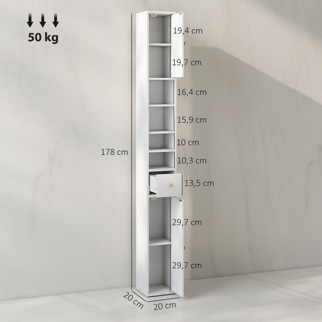 Badeværelsesskab, højt og slankt, åbne og lukkede rum, hvid