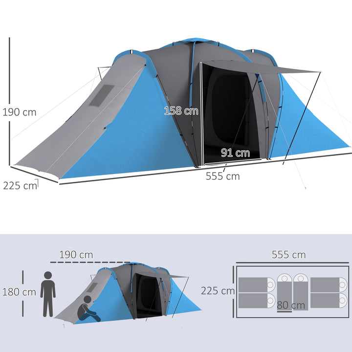 Tunneltelt, 2000 mm vandafvisende campingtelt til 4-6 personer, med 2 soveværelser, opholdsstue og bæretaske, grå+blå