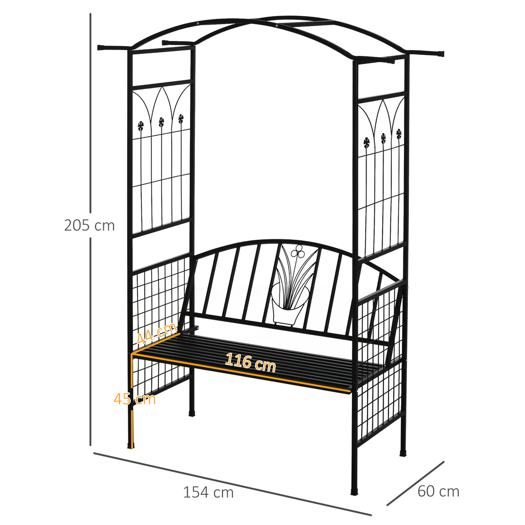 Plantebue med bænk, siddebænk, buegang, espalier, klatrehjælp, have, buet tag, metal, sort, 154 x 60 x 205 cm