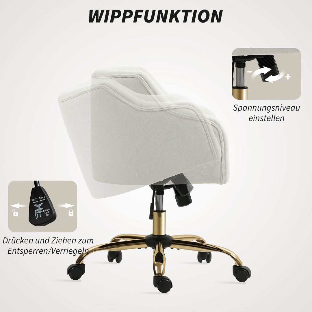 Polstret kontorstol, skrivebordsstol i hørlook, guldben, højdejusterbar, beige