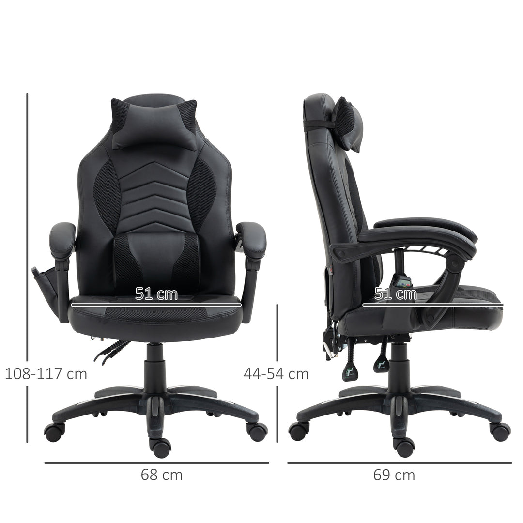 Kontorstol massagestol massagefunktion med 6 vibrationspunkter ergonomisk gamingstol med varmefunktion kunstlæder sort 68 x 69 x 108-117cm