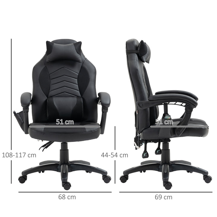 Kontorstol massagestol massagefunktion med 6 vibrationspunkter ergonomisk gamingstol med varmefunktion kunstlæder sort 68 x 69 x 108-117cm