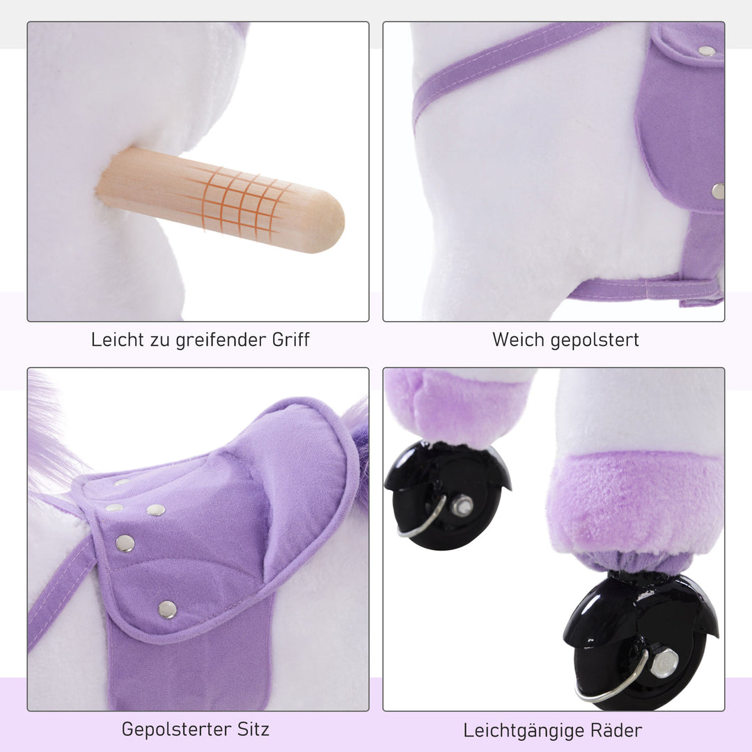 Ridehest på hjul legetøjsheste ridedyr vrinskende plys lilla 55 x 23 x 60 cm