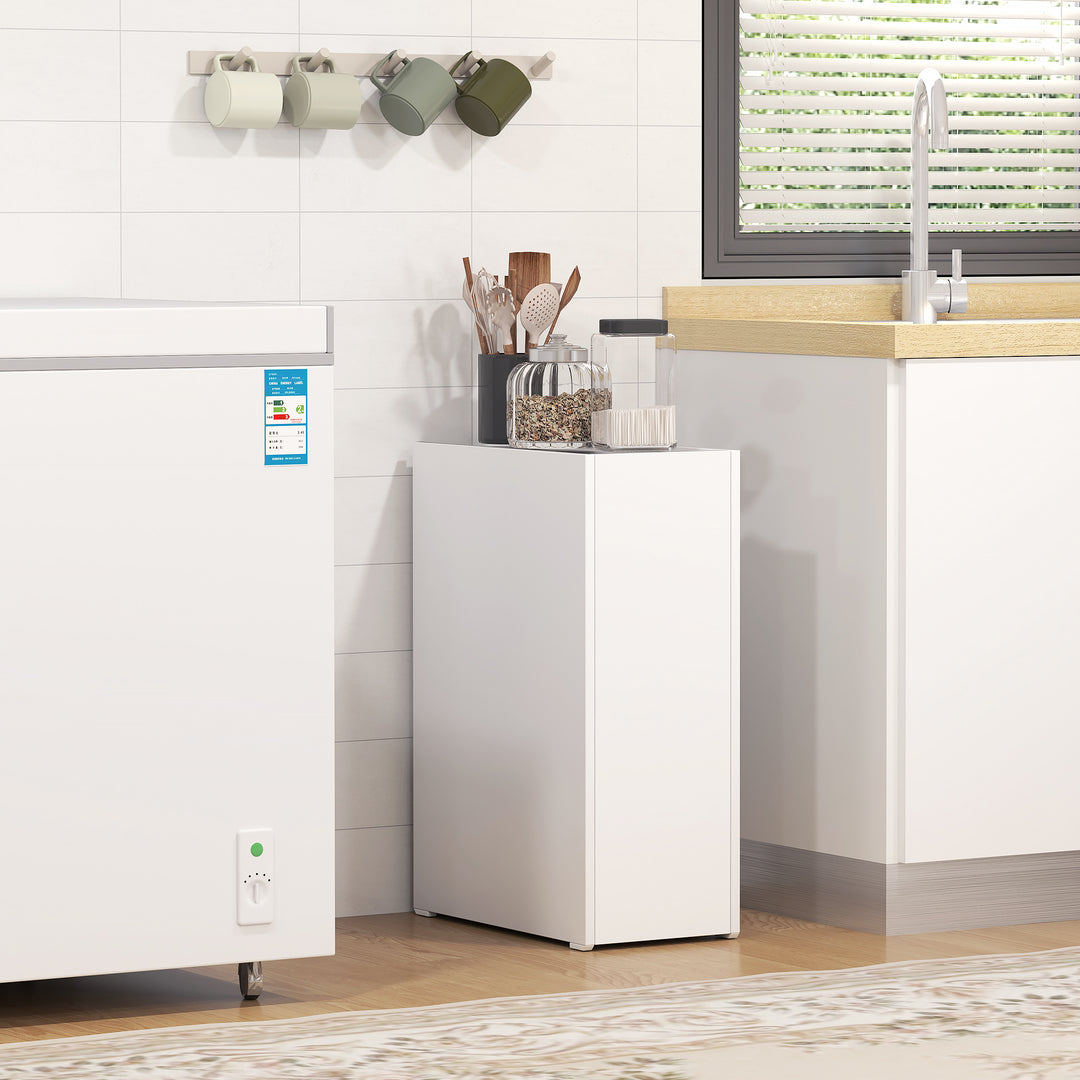 Slim badeværelsesskab, gulvskab med dyb skuffe, fritstående badeværelsesskab, spånplade, hvid